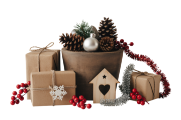 Christmas gifts in brown paper with pine cones and red berries in rustic wooden pot with warm cozy lighting for holiday decor