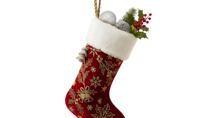 Red velvet Christmas stocking with gold embroidery and ornaments image