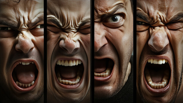 Collage of angry adult man faces screaming. Four close-up panels, strong facial expressions, open mouth, aggression concept, stress and rage.