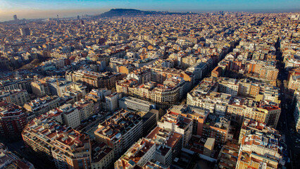 Aerial panorama view around the city of Barcelona on a sunny day in early spring in spain catalonia