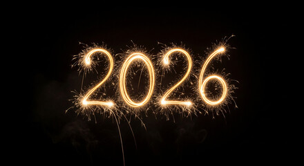 Artistic long exposure sparkler photography forming 2026 numbers with warm golden light on black background