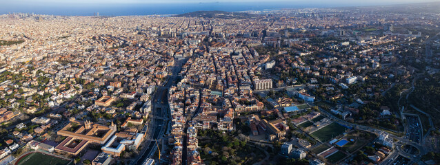 Aerial panorama view around the city of Barcelona on a sunny day in early spring in spain catalonia