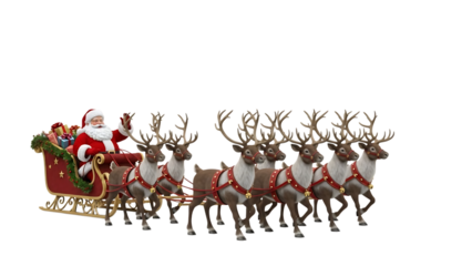 Santa Claus in a red sleigh pulled by eight reindeer Christmas winter
