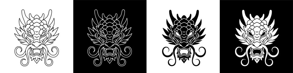 Obraz premium Stylized mythical creature illustration: detailed white dragon head design against a dark background, evoking ancient symbolism.