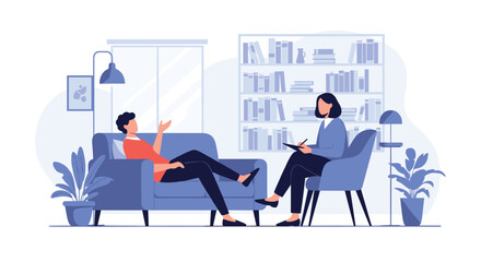 Man talking about his problems with a female psychologist during a therapy session in a comfortable and modern office setting.