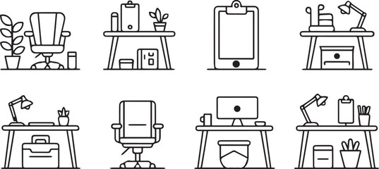 Home office workspace line icons set modern work desk illustrations isolated on white background