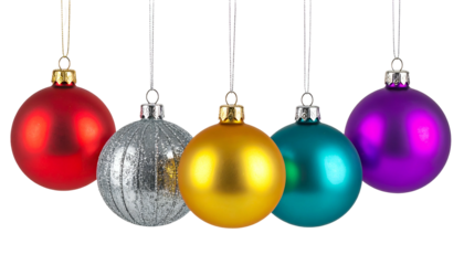 Five hanging ornaments of varied colors red, silver, gold, teal, and purple, black background