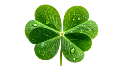 Close-up of a four-leaf clover with water droplets, isolated on black