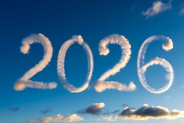 A creative representation of the year 2026 written in clouds against a blue sky