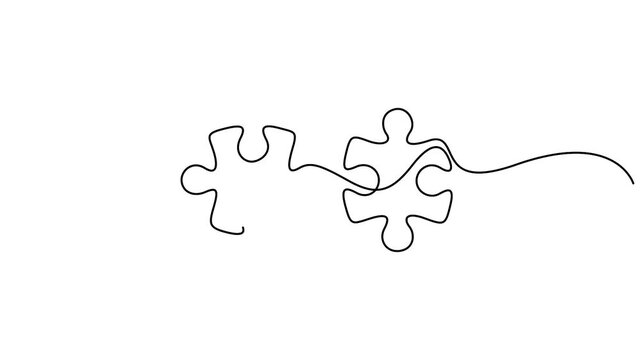Self animated minimalist continuous line drawing of two connected puzzle pieces. Problem-solving and finding a creative solution concepts vector illustration