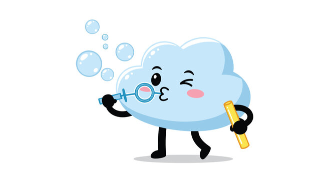 Playful and cute cartoon cloud character with a winking face blowing soap bubbles from a wand for a fun whimsical design.