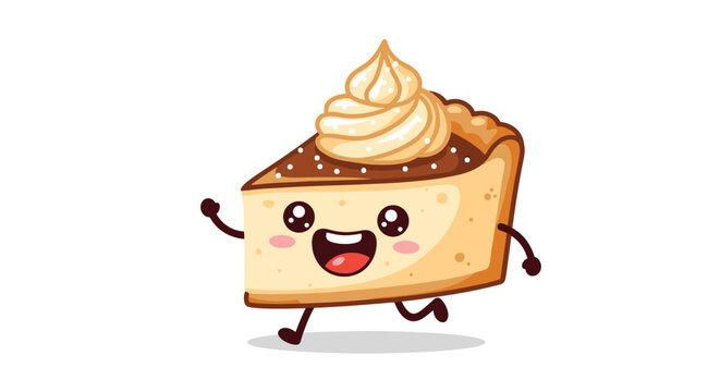 Happy kawaii slice of pie character with a cheerful face and whipped cream topping running and waving on a white background.