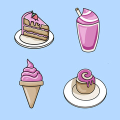 vector illustration features a slice of strawberry cake, a glass of cold drink, bread, and strawberry ice cream, designed in a minimalist, flat style. Perfect for printing on cafe menus, culinary offe
