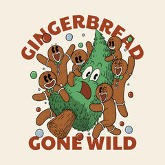 Retro Cartoon Gingerbread Cookies Gone Wild with Pine Tree Illustration