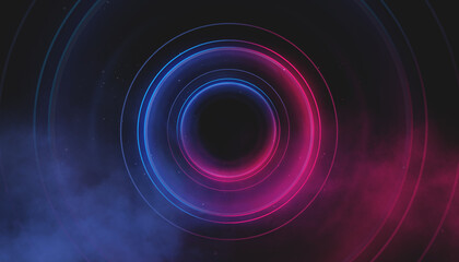 Neon circle with smoke effect. Abstract technology futuristic circles with glowing blue and pink light lines and speed motion blur on a dark blue background.