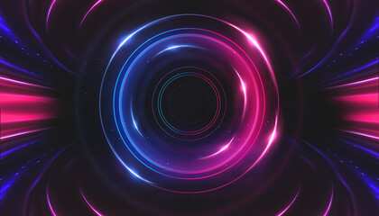 Neon circle with smoke effect. Abstract technology futuristic circles with glowing blue and pink light lines and speed motion blur on a dark blue background.