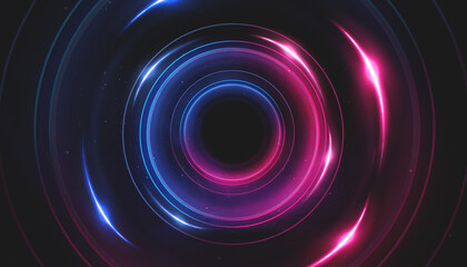 Neon circle with smoke effect. Abstract technology futuristic circles with glowing blue and pink light lines and speed motion blur on a dark blue background.