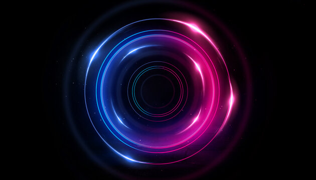 Neon circle with smoke effect. Abstract technology futuristic circles with glowing blue and pink light lines and speed motion blur on a dark blue background.