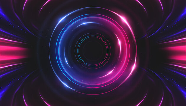 Neon circle with smoke effect. Abstract technology futuristic circles with glowing blue and pink light lines and speed motion blur on a dark blue background.