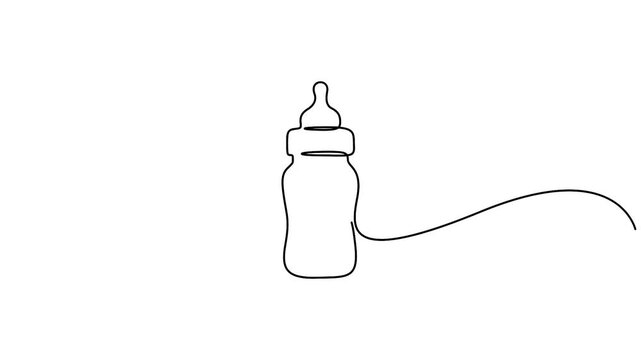 Self animated continuous one-line drawing of a baby feeding bottle. Plastic baby milk bottle, Single line art baby feeding bottle animation