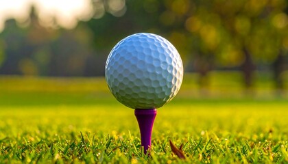 Close-up of a golf ball perched on a purple tee, surrounded by lush green grass, with a blurred backdrop of trees