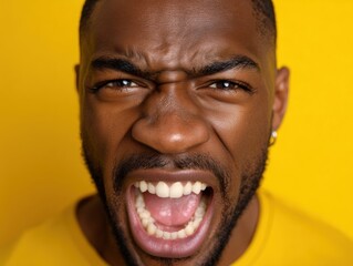Naklejka premium A person with an expressive face, wide eyes, and a wide-open mouth. The background is solid yellow, emphasizing their intense, emotional expression. Short-cropped hair and a small earring