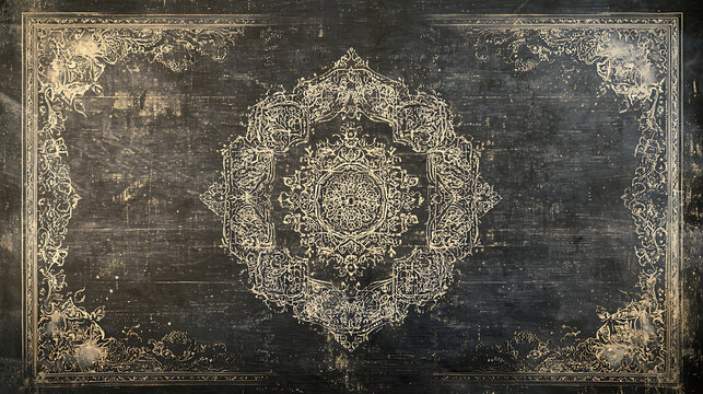 A weathered, dark rug with a central medallion and faded floral borders. The distressed texture and muted tones evoke an antique, vintage aesthetic.