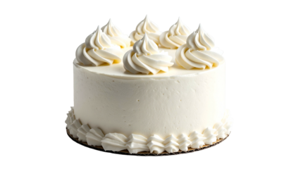 Round, frosted cake with piped swirls, a simple, delicious treat on a black background