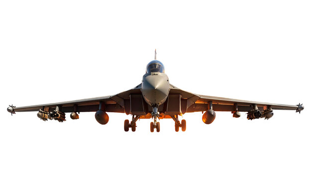 Front view of a jet fighter aircraft with weapons attached, isolated on black