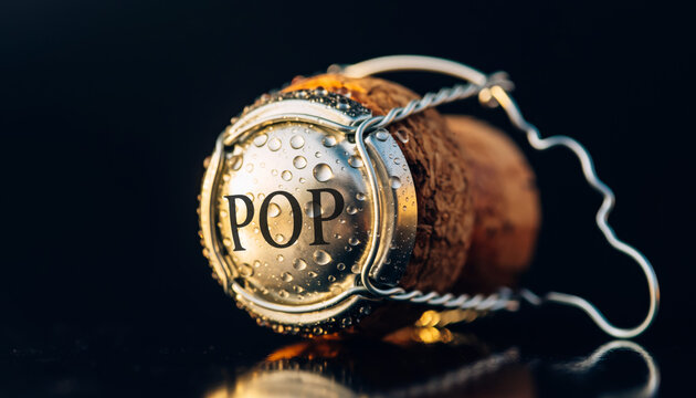 Close-up of a champagne bottle cork with metallic wire cage (muselet) engraved "POP" and water droplets, isolated on dramatic black reflective background. Celebration concept.