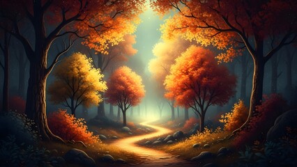 A serene autumn forest pathway with sunlit trees and foliage