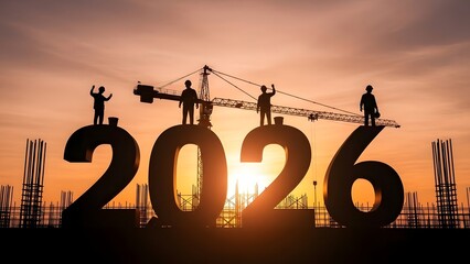 Construction workers on 2026 silhouette at sunset