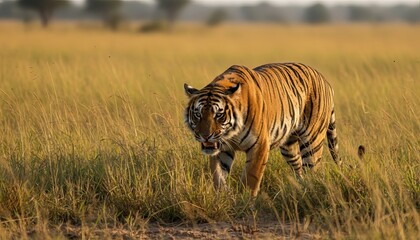 Majestic tiger prowls through golden grassland under soft evening light in natural habitat setting