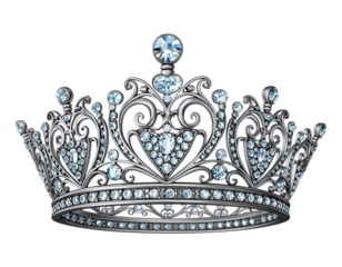 Elegant silver crown adorned with sparkling blue diamonds on a dark background isolated on transparent background