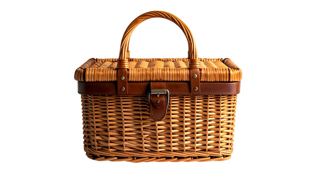 A sturdy wicker basket with a handle, leather accents, and a clasp, isolated on black