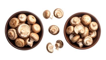 Overhead view showcases three bowls and several fresh, brown button mushrooms