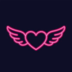 Neon pink glowing heart with angel wings on dark background