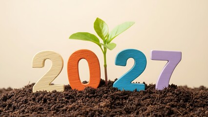 A small green plant growing out of the ground with colorful cutout numbers 2 0 2 7