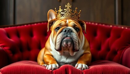 A dignified bulldog wearing a golden crown, sitting majestically on a plush velvet cushion, exuding a regal and noble presence,  velvet,  loyal