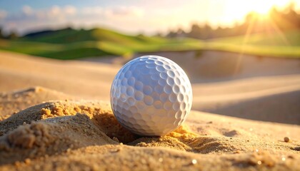 Close-up of a golf ball resting in sand, with a blurred golf course and a sunlit sky in the background
