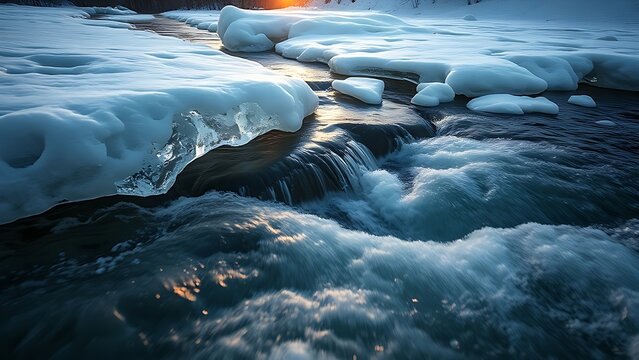 verglas. Landscape of a melting river breaking through ice in morning light. travel magazines, destination branding, designed for outdoor magazines and nature guides, drives exploration.
