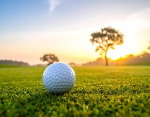 Close-up of a golf ball resting on vibrant green grass with a blurred background of a tree and sunrise