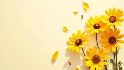 Vibrant Yellow Flowers on a Soft Cream Background with Petals Floating