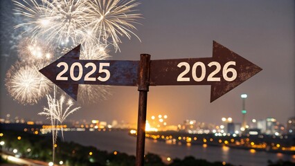 New Year's celebration with 2025 and 2026 signpost and fireworks