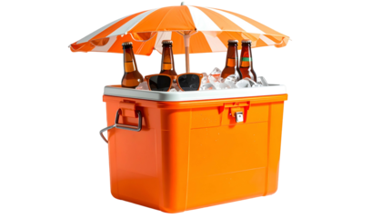 Bright orange cooler with beer bottles in ice, sunglasses, and a parasol on a black background