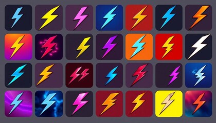 Collection of stylized lightning bolt icons, various designs and angles,  outline,  simple