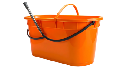 Bright orange rectangular bucket with a black handle and a mop in it, isolated on black