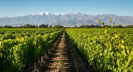 Vineyard landscape with mountains in the background under a clear sky.