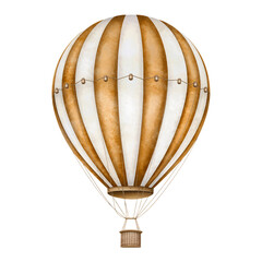 Vintage hot air balloon with cream and brown stripes and an old-fashioned basket isolated on transparent background