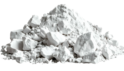 Heap of white, textured, powdery substance with jagged chunks and a mountain-like appearance